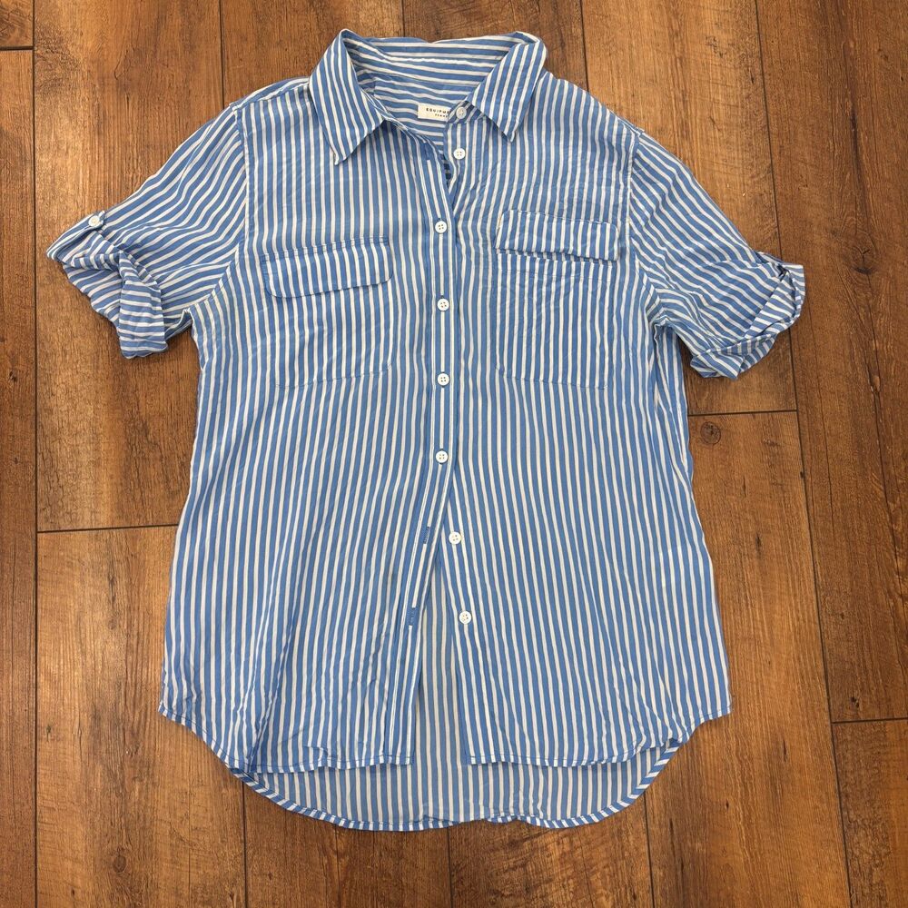 Equipment Femme Blouse Women's M 100% Silk Blue White Stripe Button Up Coastal - Picture 2 of 7